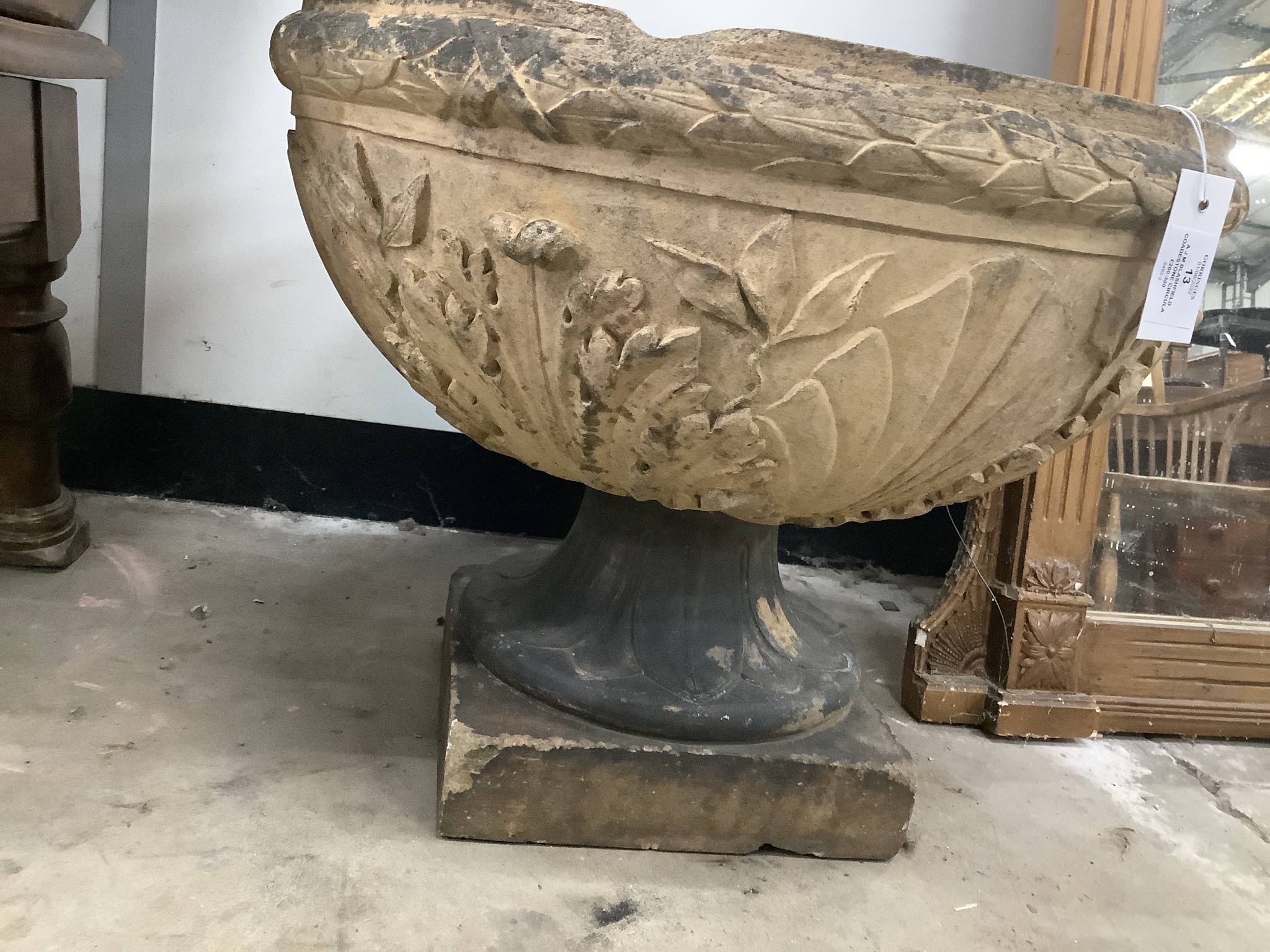 A J M Blashfield Coadestone circular garden urn with acanthus and shell moulded body, diameter 52cm, height 43cm